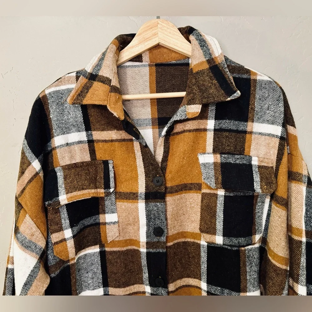 NWT Nine Britton Boyfriend Shacket Plaid Flannel Almond Brown Black SZ XL/XXL - Picture 9 of 16